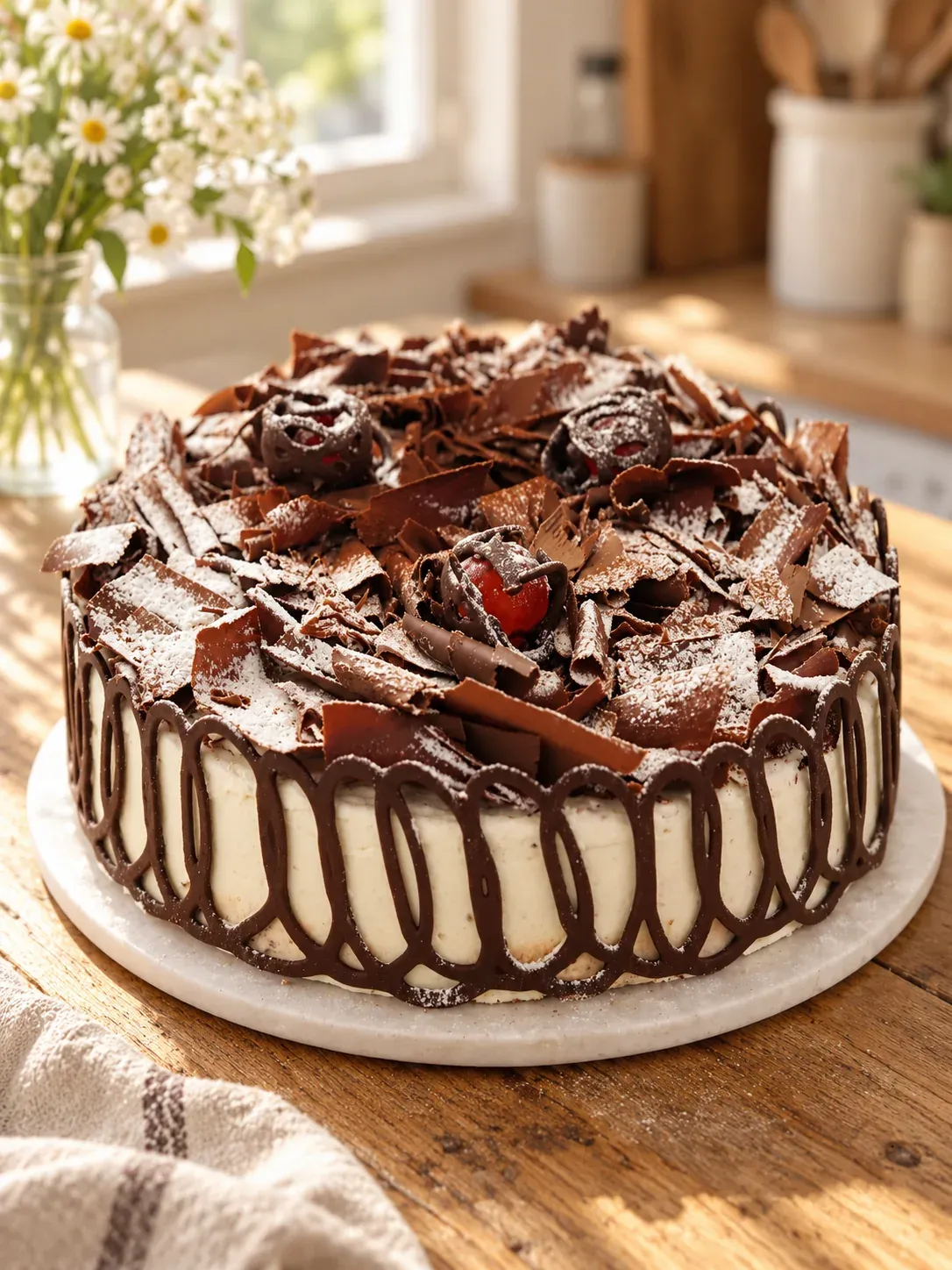Tarta de chocolate con nata y rizos de chocolate de Güerri