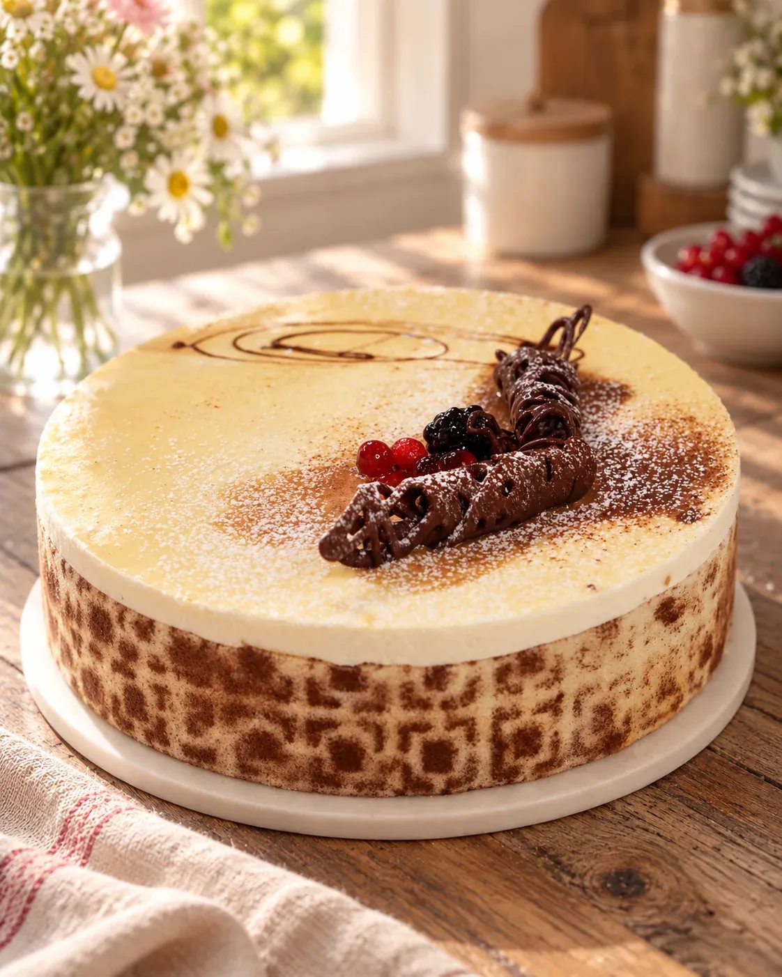 Tarta de tiramisú con tubo de chocolate y frutos rojos de Güerri